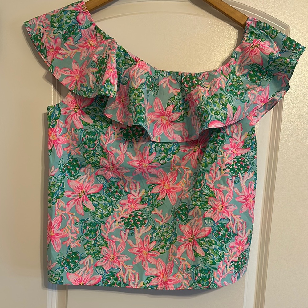 Lilly Pulitzer Zeldie One Shoulder Pink and Green Ruffled Asymmetrical Blouse